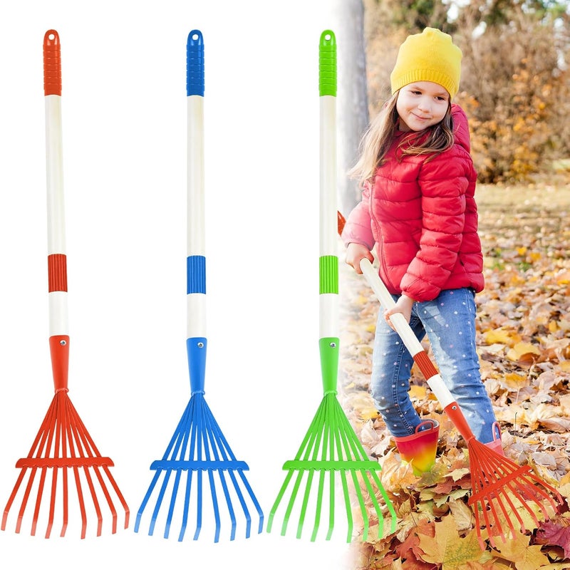 Fantang 3PCS Kids Rakes for Leaves, 28" Child Size Garden Rake Childrens Yard Lawn Rakes Toddler Leaf Rake with Detachable Hardwood Handle Metal Head Great Garden Tools for Boy Girl, Blue Red Green - Image 1